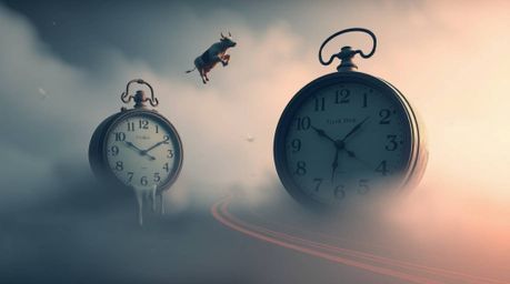 Explore a surreal dreamscape captured in a long-exposure photograph, featuring iconic melting clocks and whimsical floating c