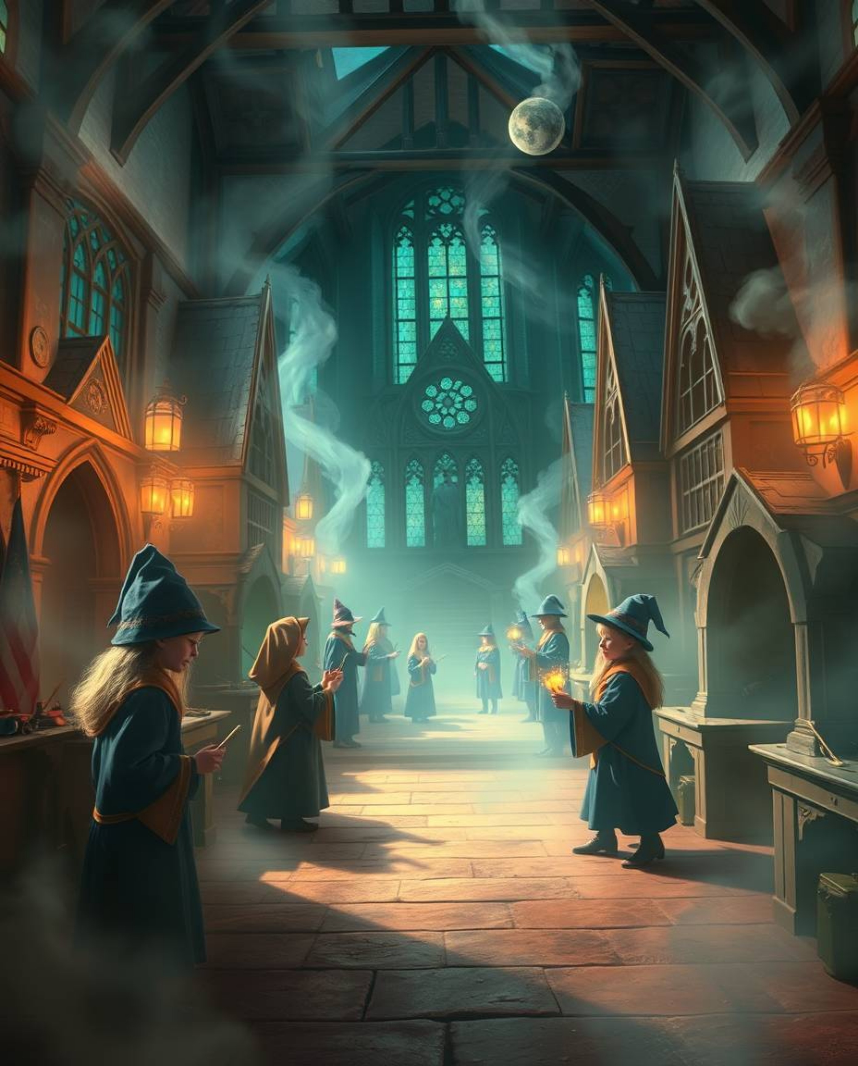 Step into a realm of wonder with this depiction of a magical school teeming with young wizards. Bathed in a dreamlike atmosph