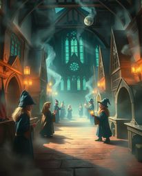 Step into a realm of wonder with this depiction of a magical school teeming with young wizards. Bathed in a dreamlike atmosph
