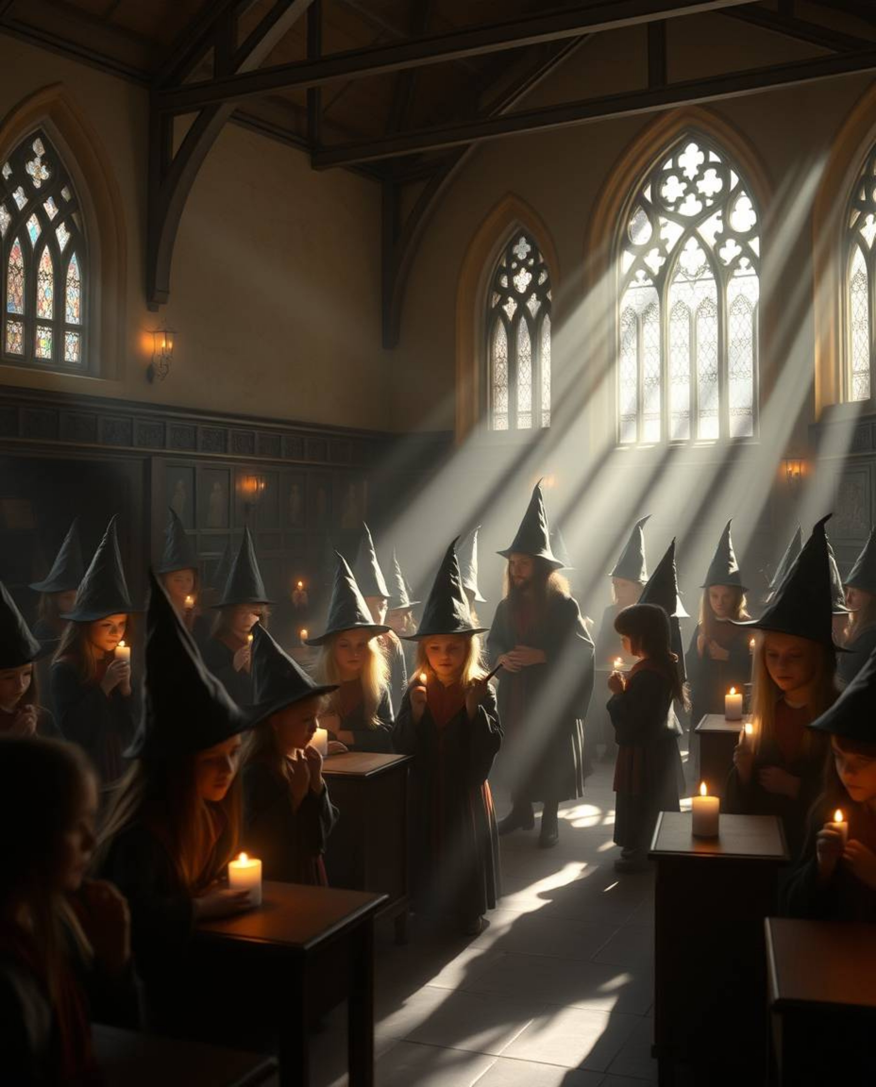 Step into a magical school where young wizards learn and grow, emanating an ethereal spiritual vibe bathed in gentle soft lig