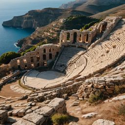 Discover a traditional Greek amphitheater dramatically perched on a hill, offering breathtaking views of the sea. Explore the