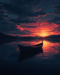 A boat is depicted adrift on a serene lake at sunset, rendered in a striking Isekai anime style. The scene utilizes chiaroscu