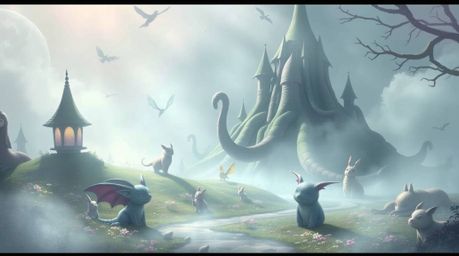 Immerse yourself in a soft and dreamy atmosphere depicting a fantastical kingdom brimming with quirky magical creatures. Hazy