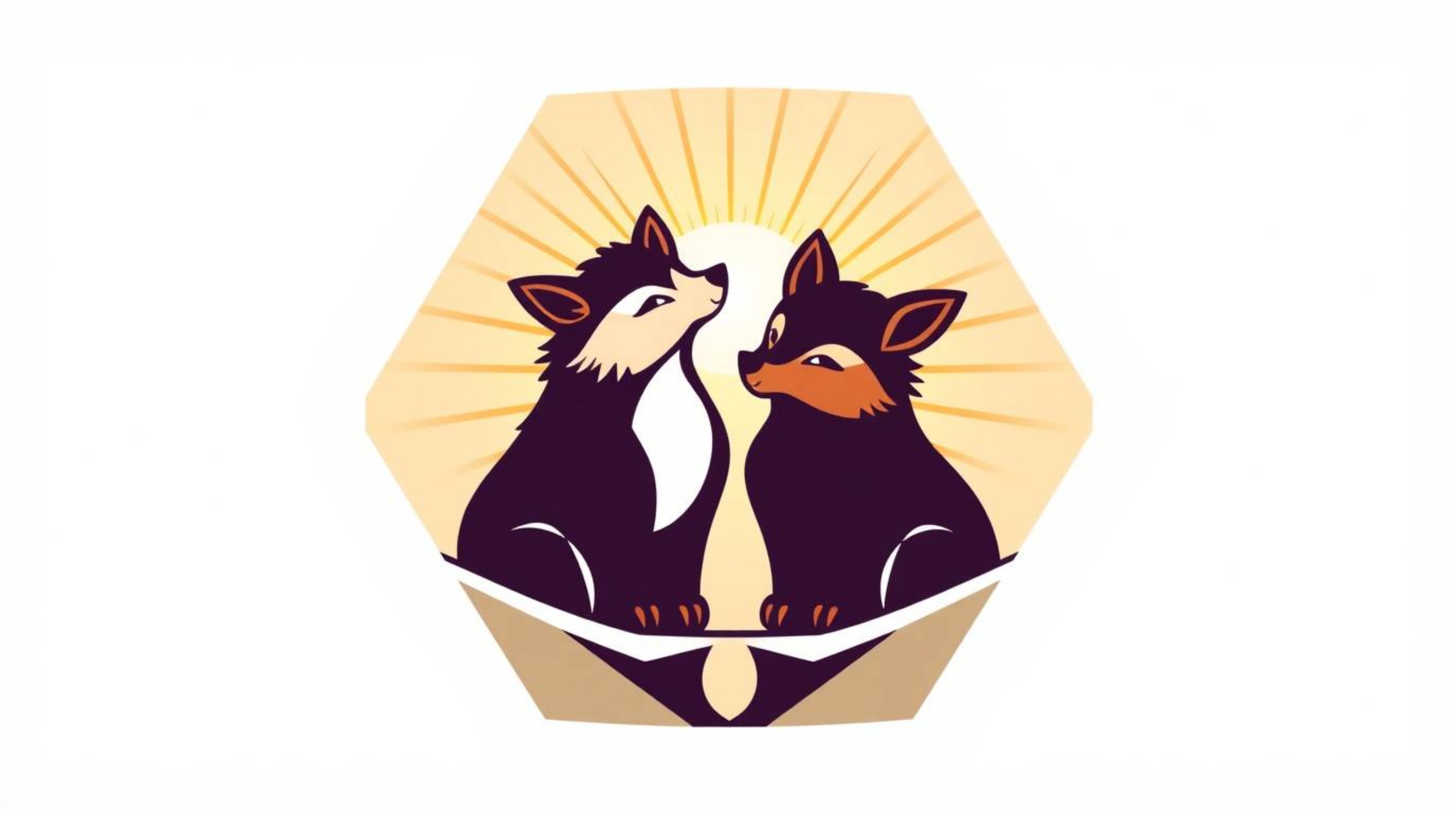 A radiant and luxurious logo design featuring two mischievous talking animals rendered in warm golden hues and balanced geome