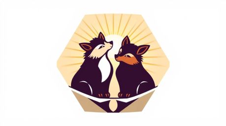 A radiant and luxurious logo design featuring two mischievous talking animals rendered in warm golden hues and balanced geome