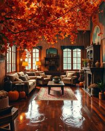 This artwork captures a room bursting with the rich, warm tones of autumn, visualized as an explosion of paint. The scene evo