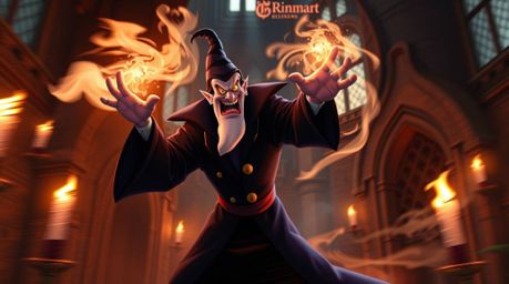 Witness a classic Disney villain conjuring a powerful spell within the aged walls of an old castle, bathed in the warm glow o