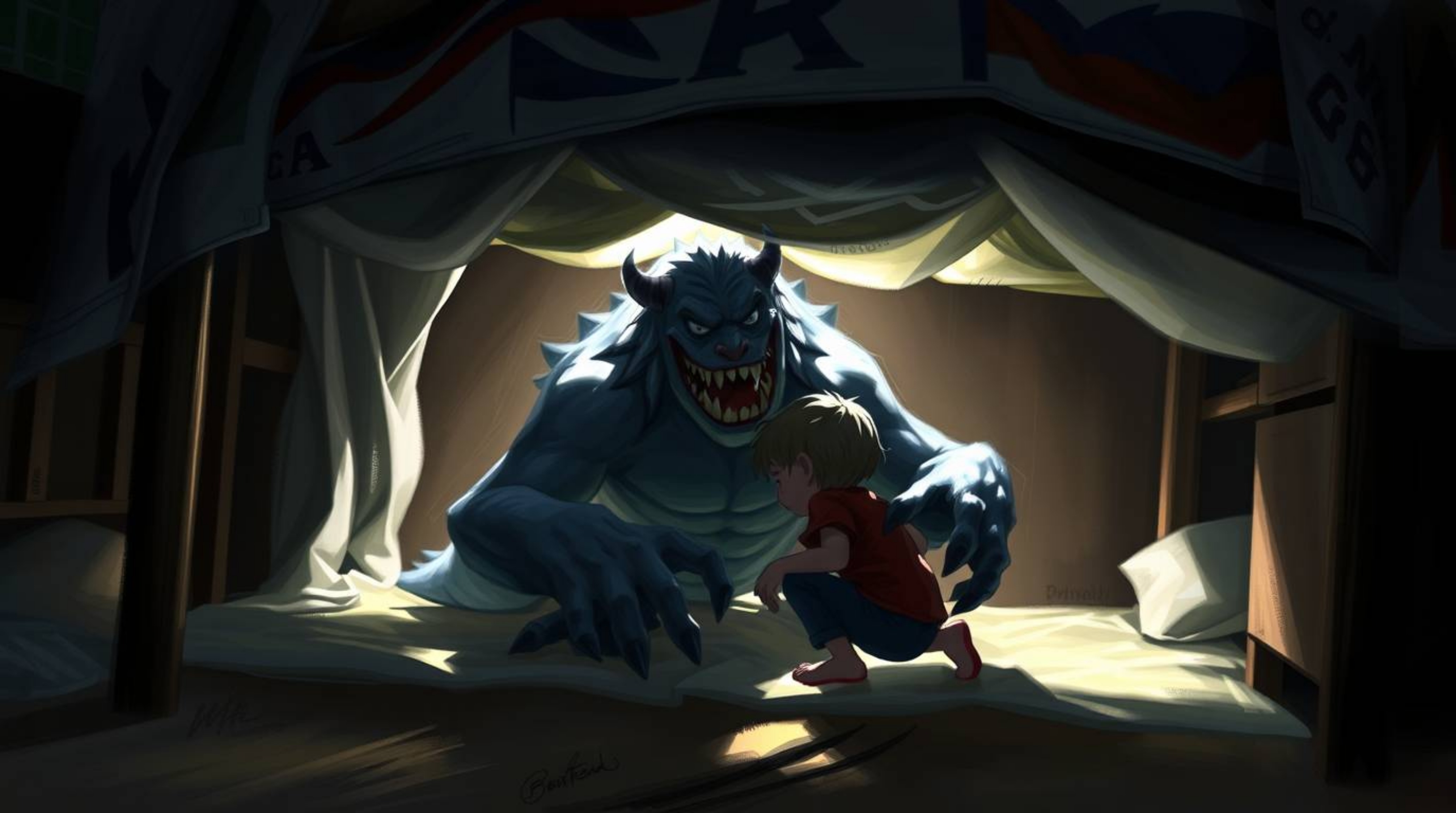 A captivating digital painting showcases an unlikely friendship between a child and a monster lurking under the bed.  Rendere