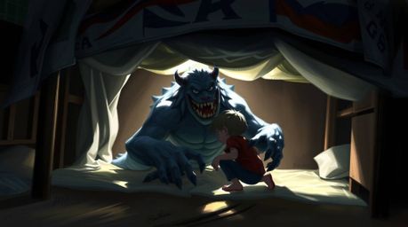 A captivating digital painting showcases an unlikely friendship between a child and a monster lurking under the bed.  Rendere