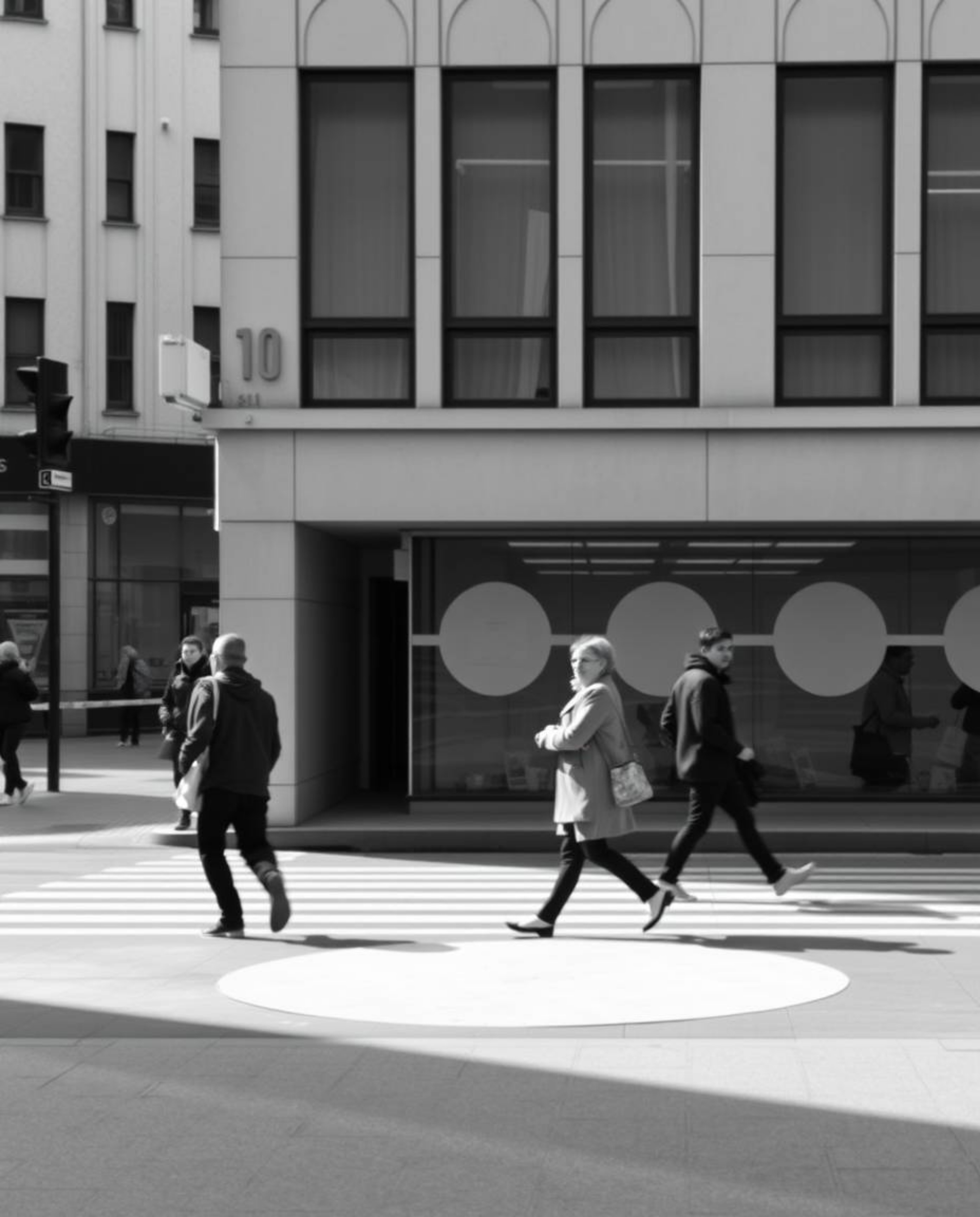 A captivating black and white candid street photograph showcasing a minimalist geometric pattern of circles and lines in a Ba