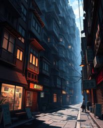 Experience a mesmerizing Isekai anime-style surreal street scene where buildings fold and twist in impossible ways. The strik