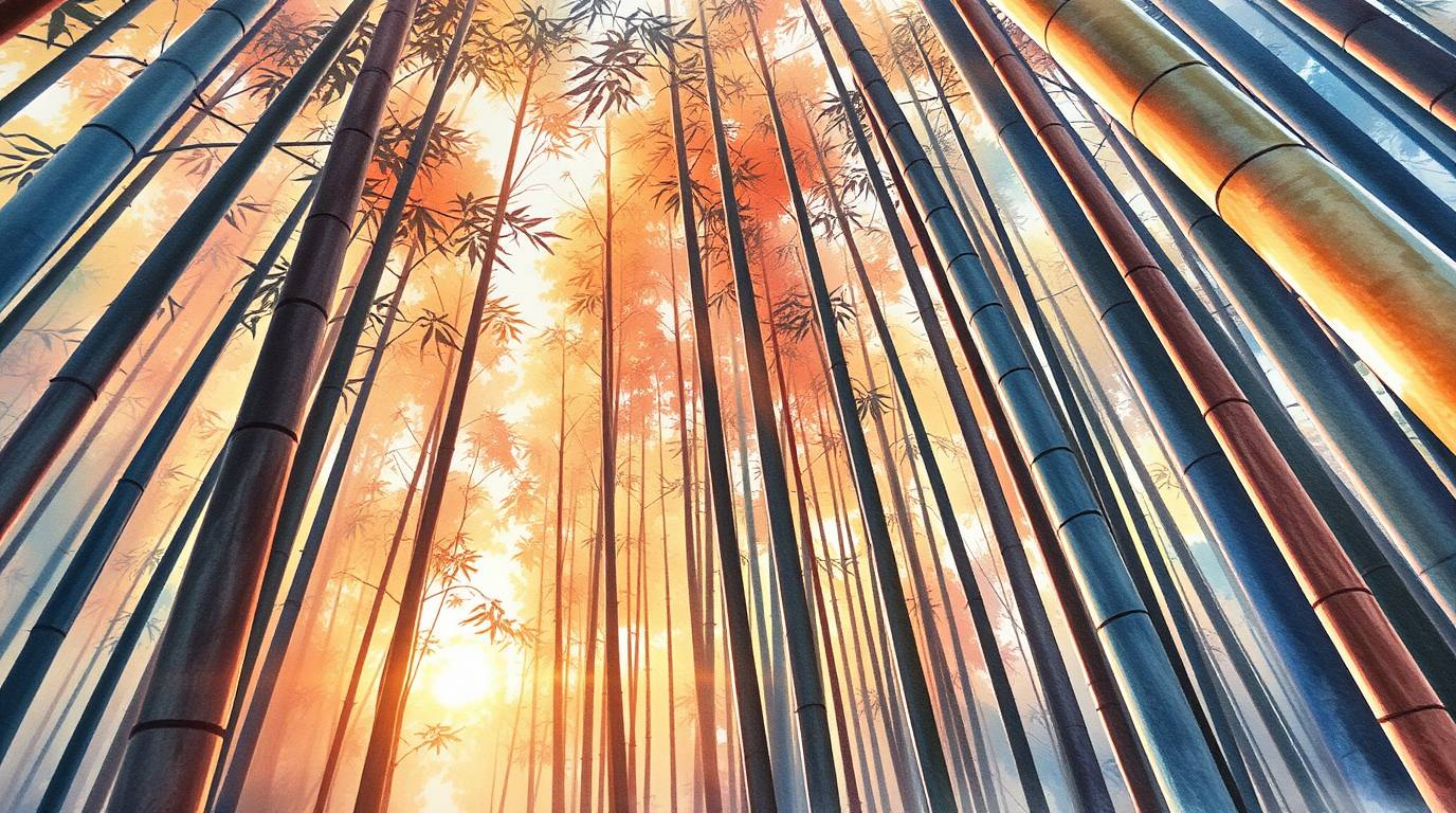 A delicate watercolor painting captures a bamboo forest bathed in the warm glow of a sunset, viewed from a low angle perspect