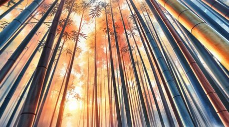 A delicate watercolor painting captures a bamboo forest bathed in the warm glow of a sunset, viewed from a low angle perspect