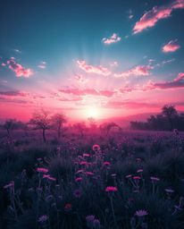 A surreal, futuristic sci-fi image captures a sunset over a spring wildflower meadow, rendered in captivating infrared tones.