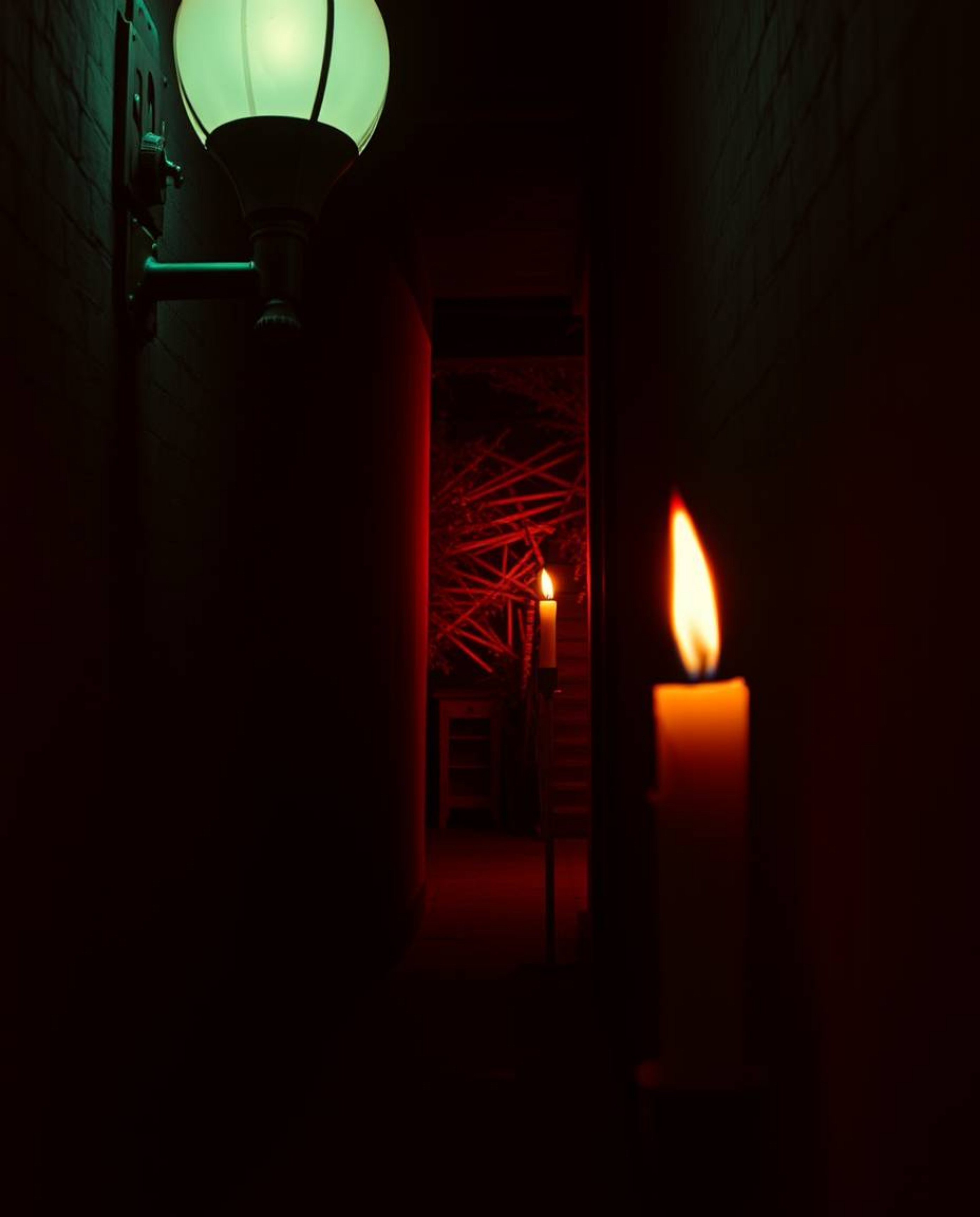 Experience the ethereal beauty of a shadowy alley at night, illuminated by surreal infrared tones and the warm flicker of can