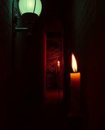 Experience the ethereal beauty of a shadowy alley at night, illuminated by surreal infrared tones and the warm flicker of can