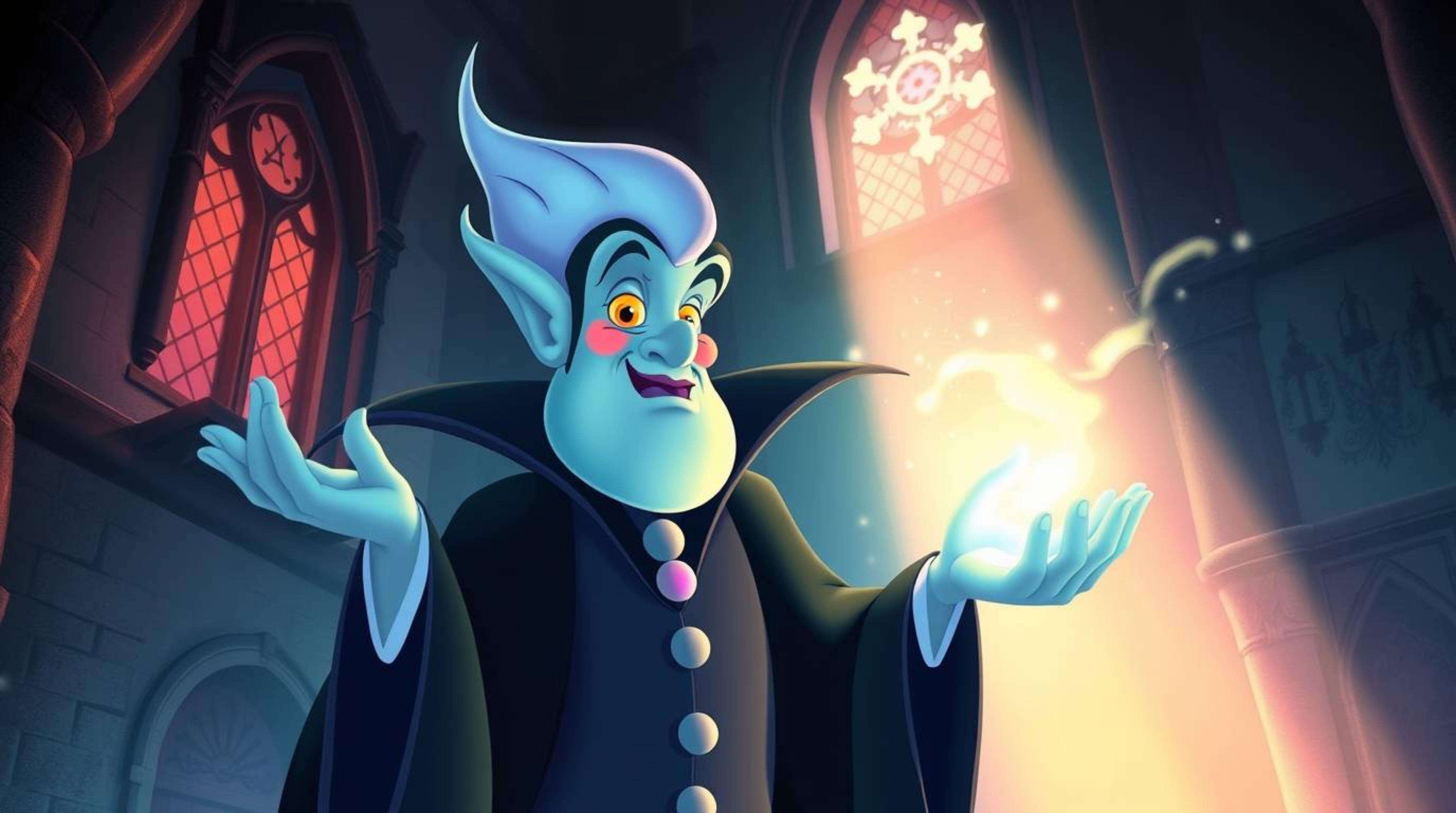 An enchanting illustration featuring a classic Disney villain reimagined with gentle features, casting a spell within an old