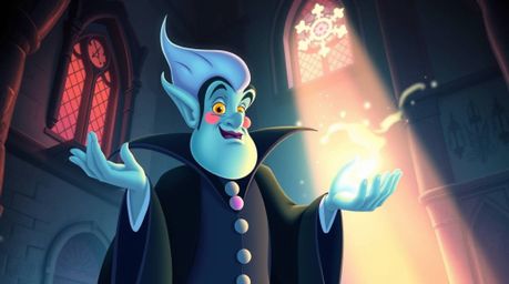 An enchanting illustration featuring a classic Disney villain reimagined with gentle features, casting a spell within an old