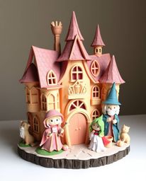 This layered papier-mâché sculpture depicts an adorable and charming magical school overflowing with young wizards. The piece