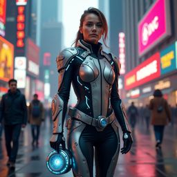 A time traveler clad in a sleek, high-tech suit with metallic highlights and glowing blue circuits stands amidst a vibrant, b