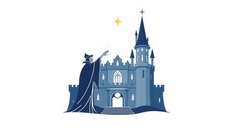 This logo design features a classic Disney villain casting a spell within the walls of an old castle, enveloped by a soft, et