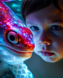 A captivating close-up reveals a magical underwater scene. A sea creature with mesmerizing iridescent scales interacts with