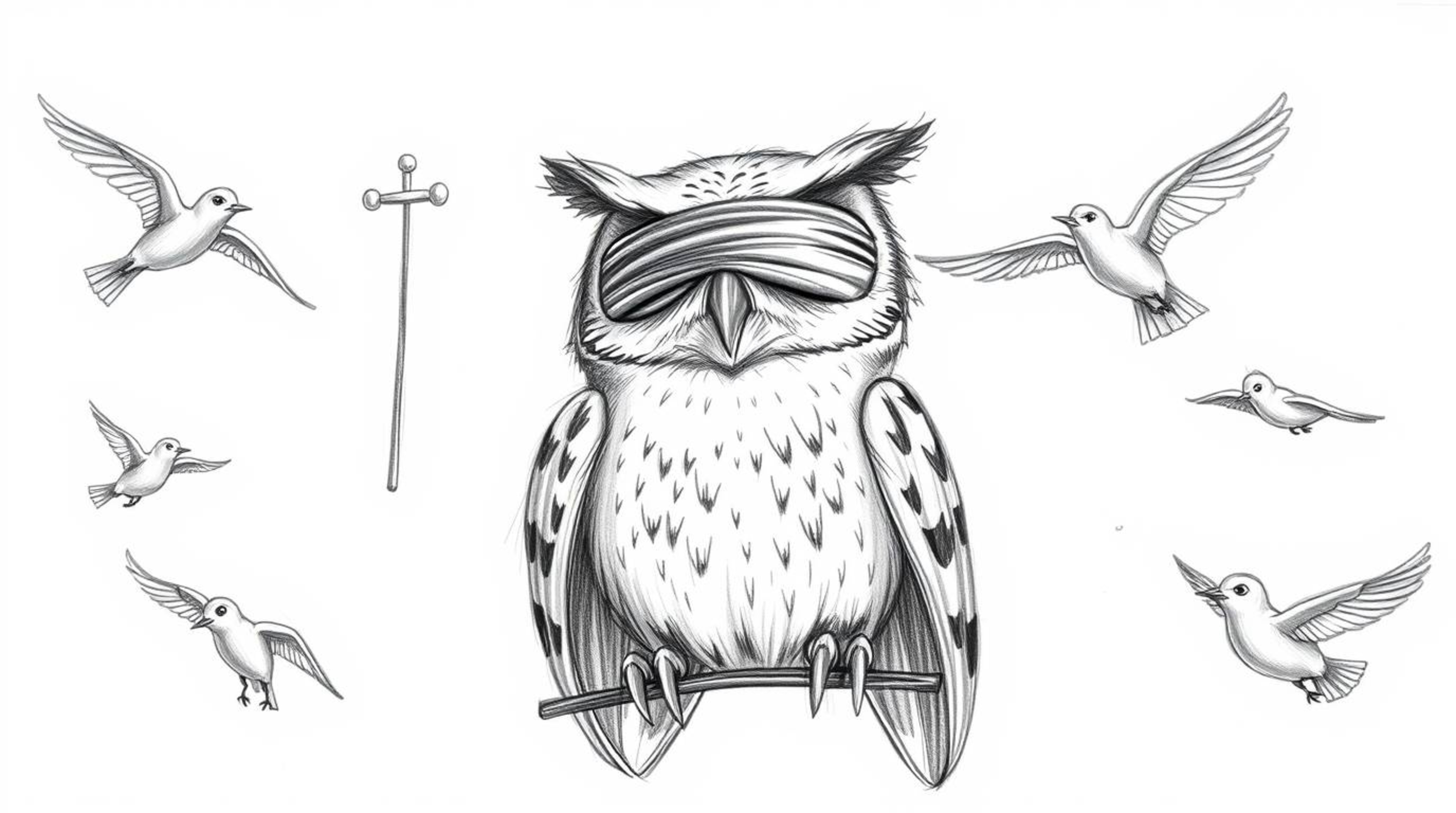 A heartwarming Pixar-style image depicts a wise, blind owl patiently instructing a flock of birds in the art of flight. Utili