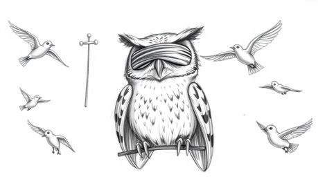 A heartwarming Pixar-style image depicts a wise, blind owl patiently instructing a flock of birds in the art of flight. Utili