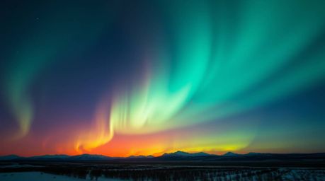 Witness the breathtaking spectacle of the Northern Lights dancing across a vibrant sunset sky. This captivating image blends 