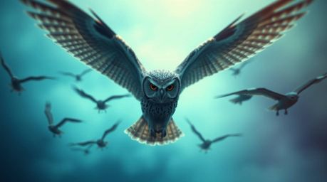 A captivating image depicting a blind owl, rendered in Pixar-like style, overseeing its students in flight.  Captured with a 
