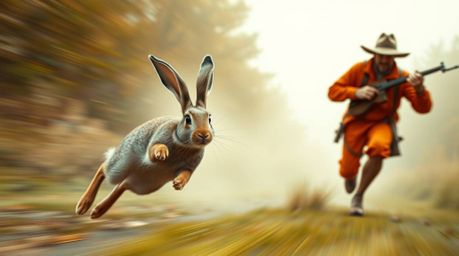 A dynamic portrayal of a zany rabbit with floppy ears and lengthy legs playfully evading a hunter, presented with a soft cine