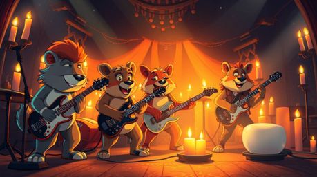 Experience the vibrant energy of a cartoon animal rock band bathed in the warm and inviting glow of golden candlelight. Flick