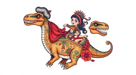 This unique tattoo art print showcases a stylish prehistoric family riding a dinosaur car.  The design features refined detai