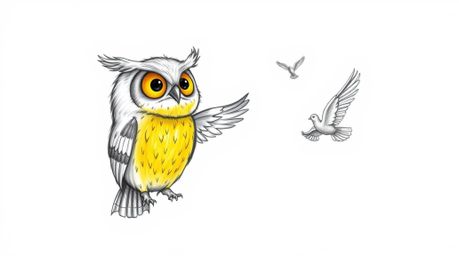 A heartwarming hand-drawn sketch in the style of Pixar depicts a blind owl with sunlit, glowing feathers gently teaching bird