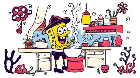 A vibrant, retro-style traditional tattoo art print featuring a silhouetted sponge character cooking in an underwater kitchen