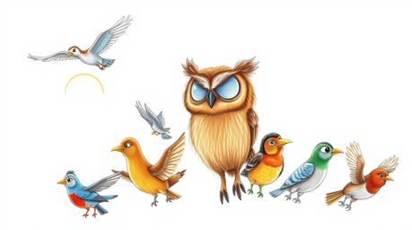 A heartwarming hand-drawn sketch in the style of Pixar depicts a gentle, brown blind owl leading a diverse classroom of vibra