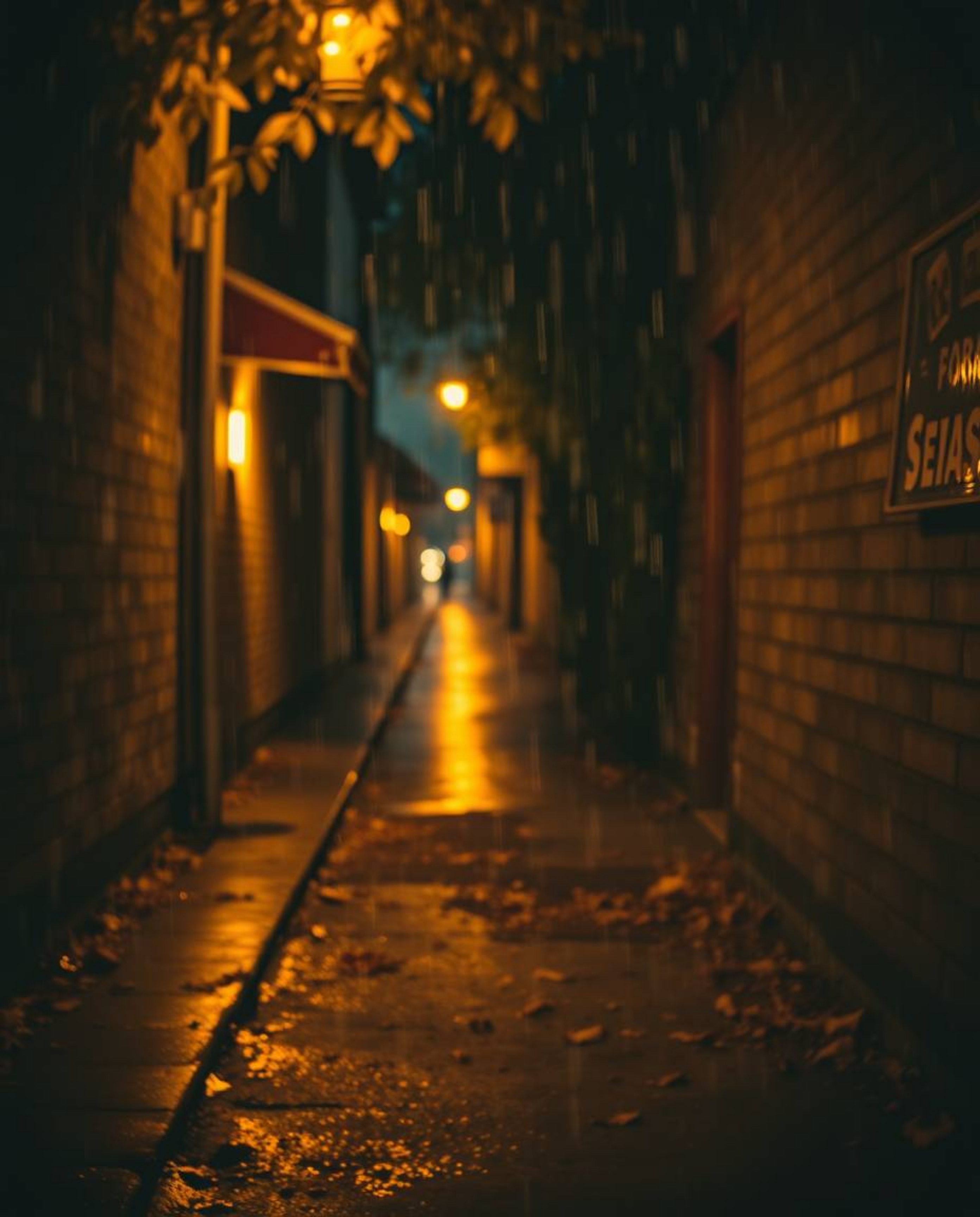 Immerse yourself in a warm, autumnal scene where eyes watch from the shadows of a dimly lit alley at night. The cozy, drizzli