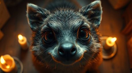 Discover a captivating overhead shot of a sarcastic animal sidekick, their expressive eyes gleaming in the warm, flickering c