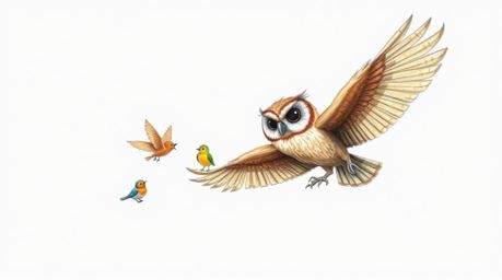 A heartwarming, hand-drawn sketch depicts a blind owl, rendered in a charming Pixar style with warm brown feathers and gentle