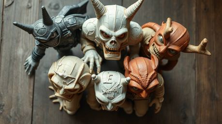 Discover a unique overhead perspective of a team of misfit heroes crafted from layered papier-mâché.  This captivating image 