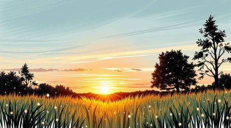 A captivating hand-drawn sketch in an elegant style depicts a serene sunset over a quiet meadow.  Fireflies begin to appear, 