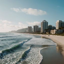 Experience the allure of a coastal city where towering, modern buildings meet the serene beauty of the beach.  Imagine sleek 
