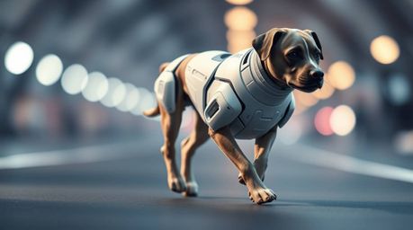 A captivating scene of a futuristic dog confidently walking itself in the vast expanse of space. The image is sharply focused