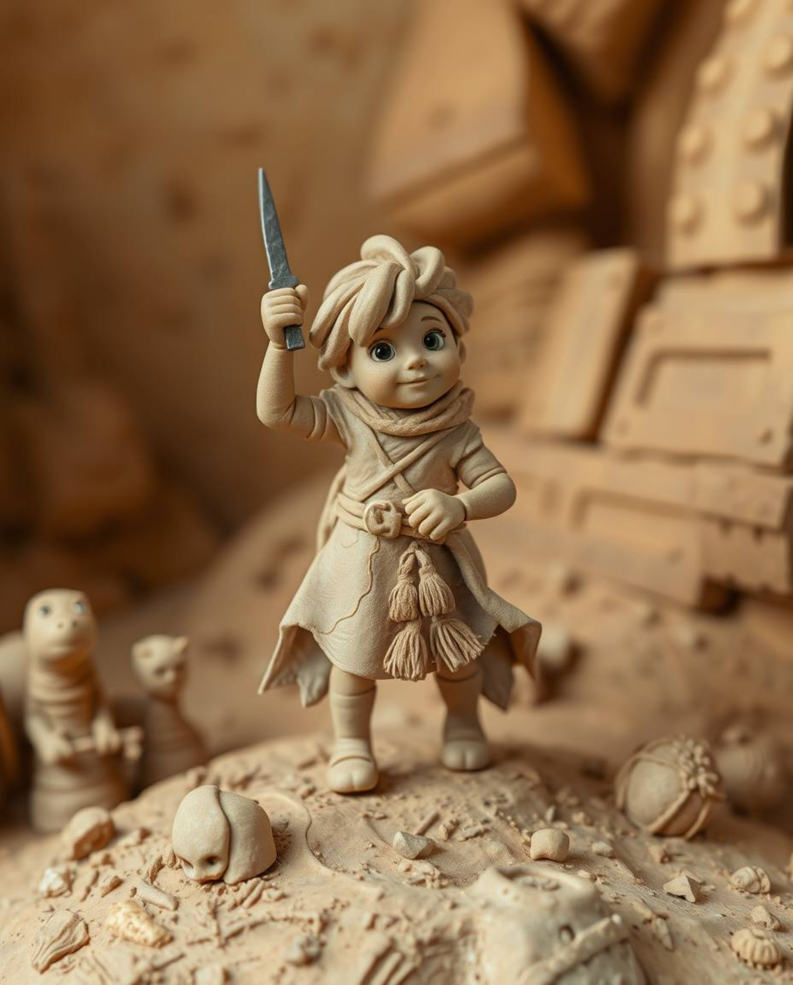 A brave hero embarks on a thrilling desert adventure in this stunning sculptural clay artwork. Modeled with intricate shapes