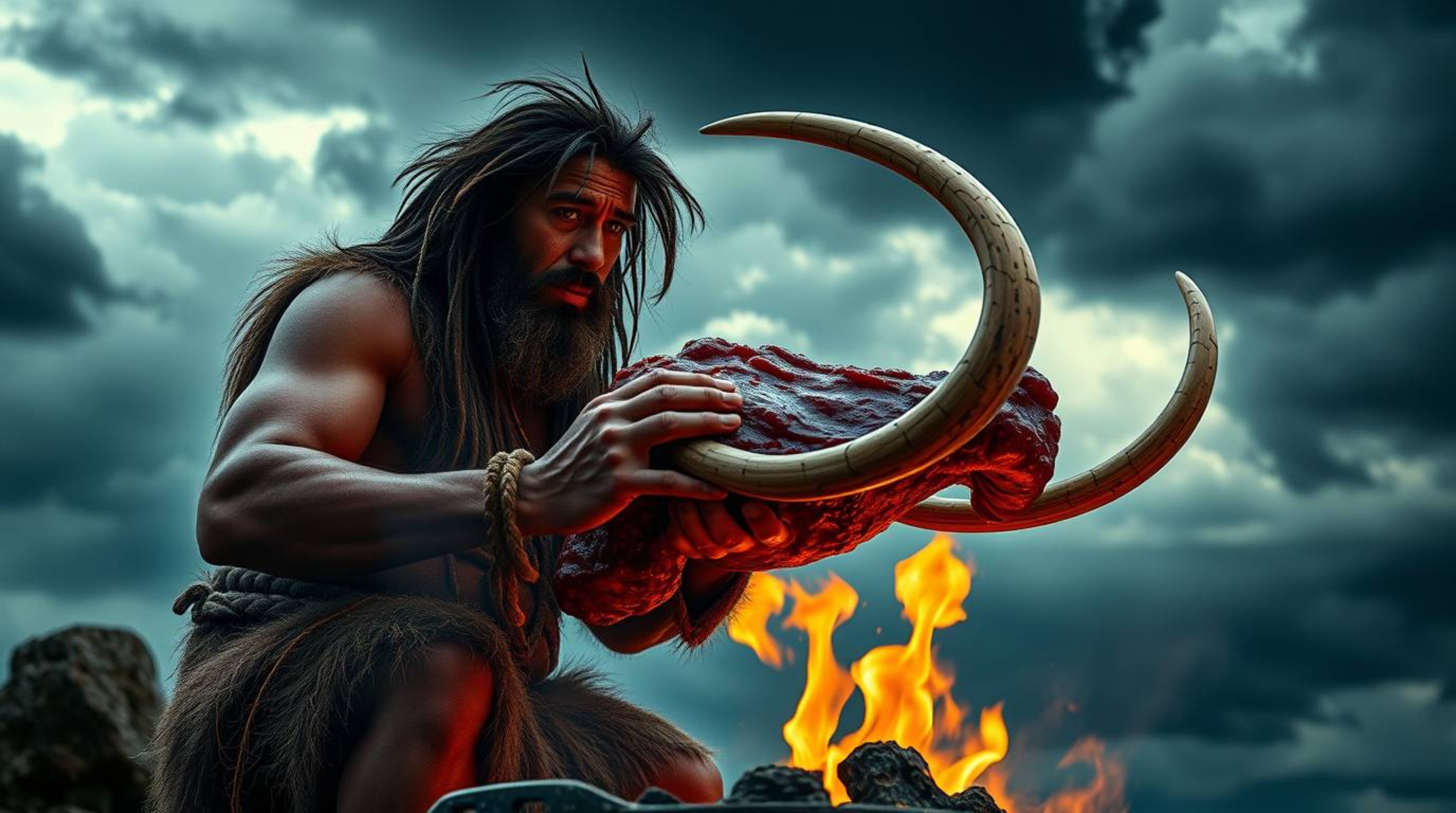 Experience the raw power of the Stone Age with this high-resolution stock photo depicting a caveman cooking mammoth meat unde