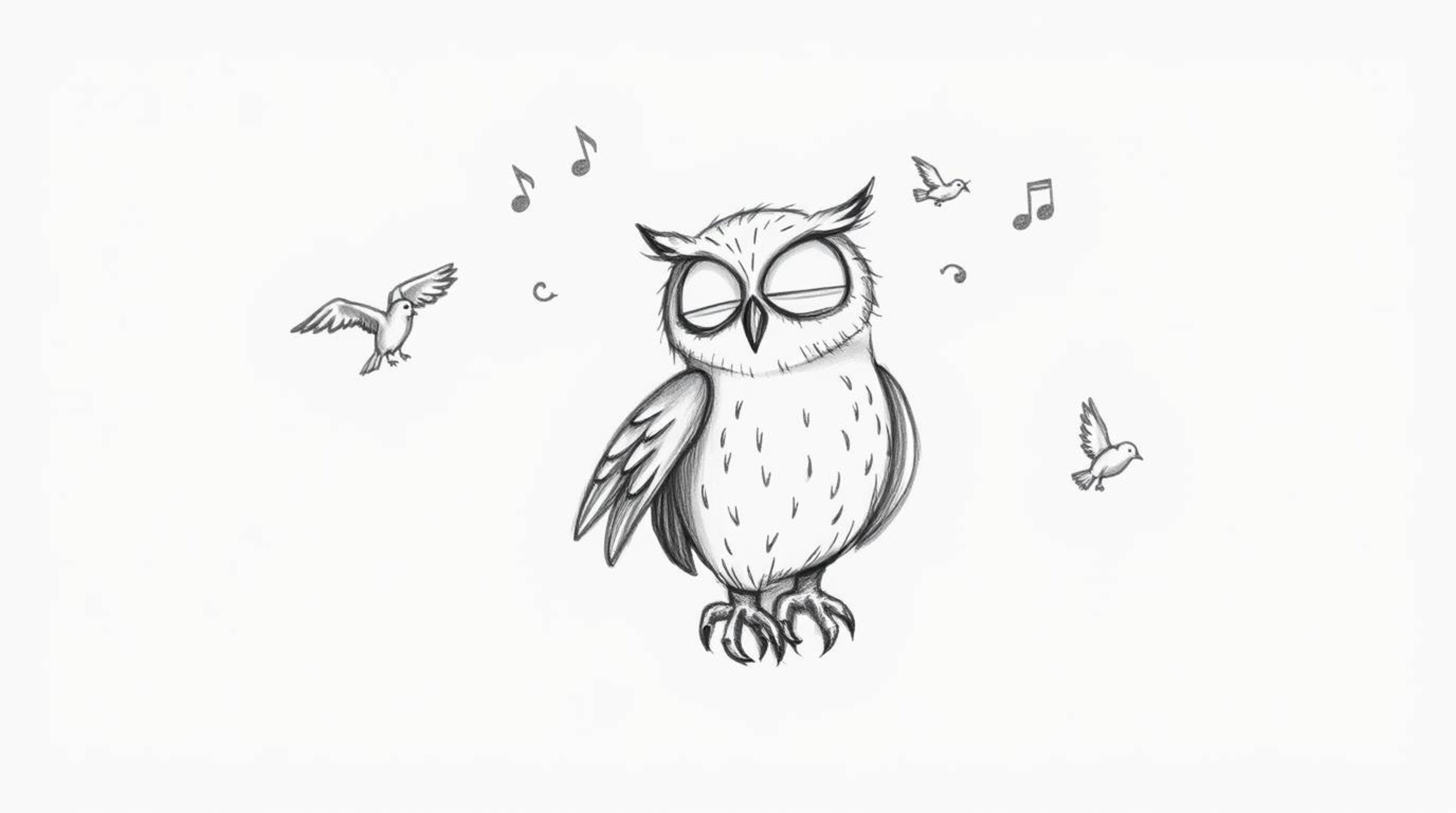 A charming, hand-drawn sketch depicts a blind owl, rendered in Pixar style, giving a flying lesson to a group of birds. The t
