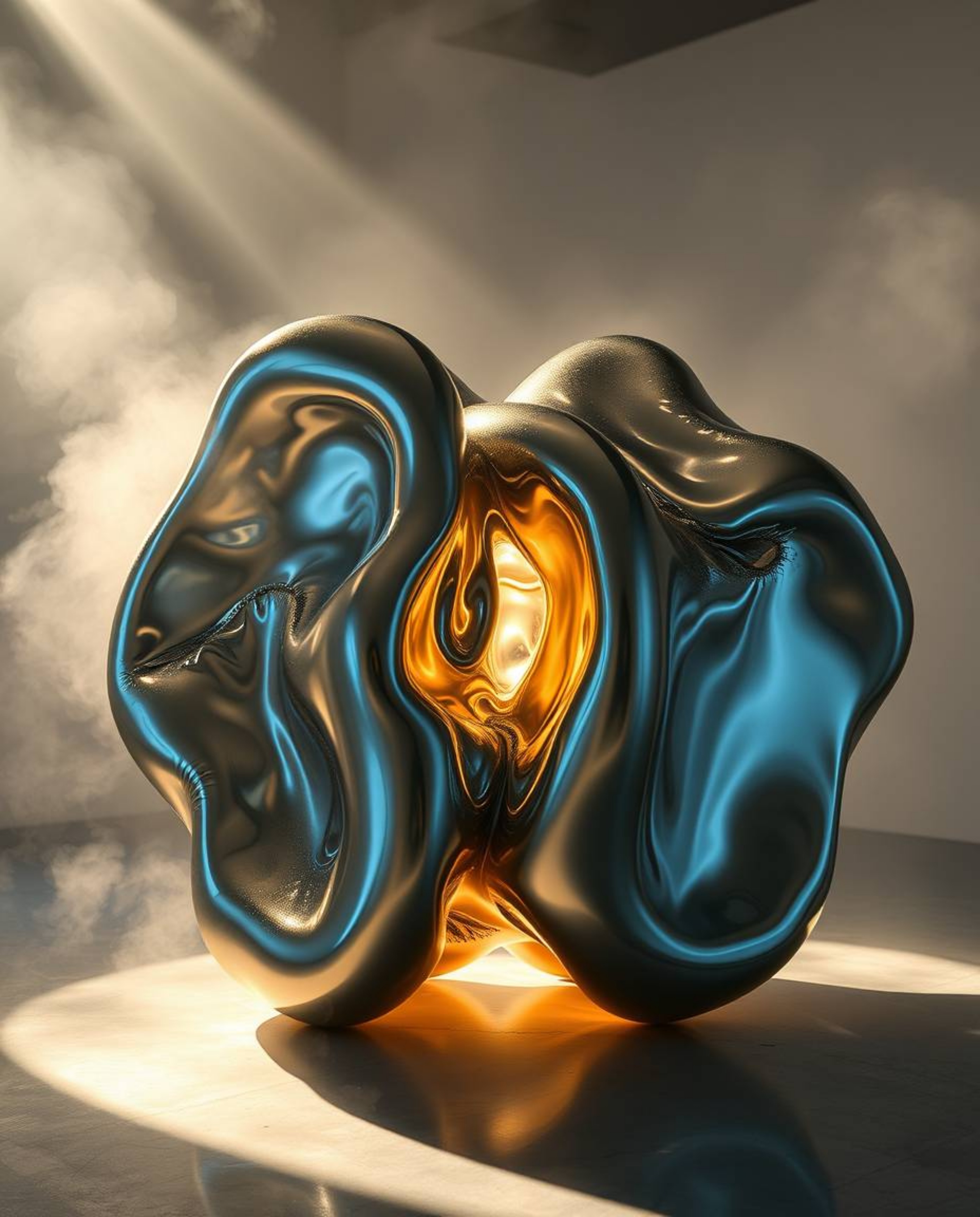 Volumetric lighting dramatically enhances sculptural 3D fluid mercury shapes, creating a mesmerizing visual experience. Refle