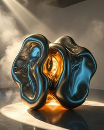 Volumetric lighting dramatically enhances sculptural 3D fluid mercury shapes, creating a mesmerizing visual experience. Refle