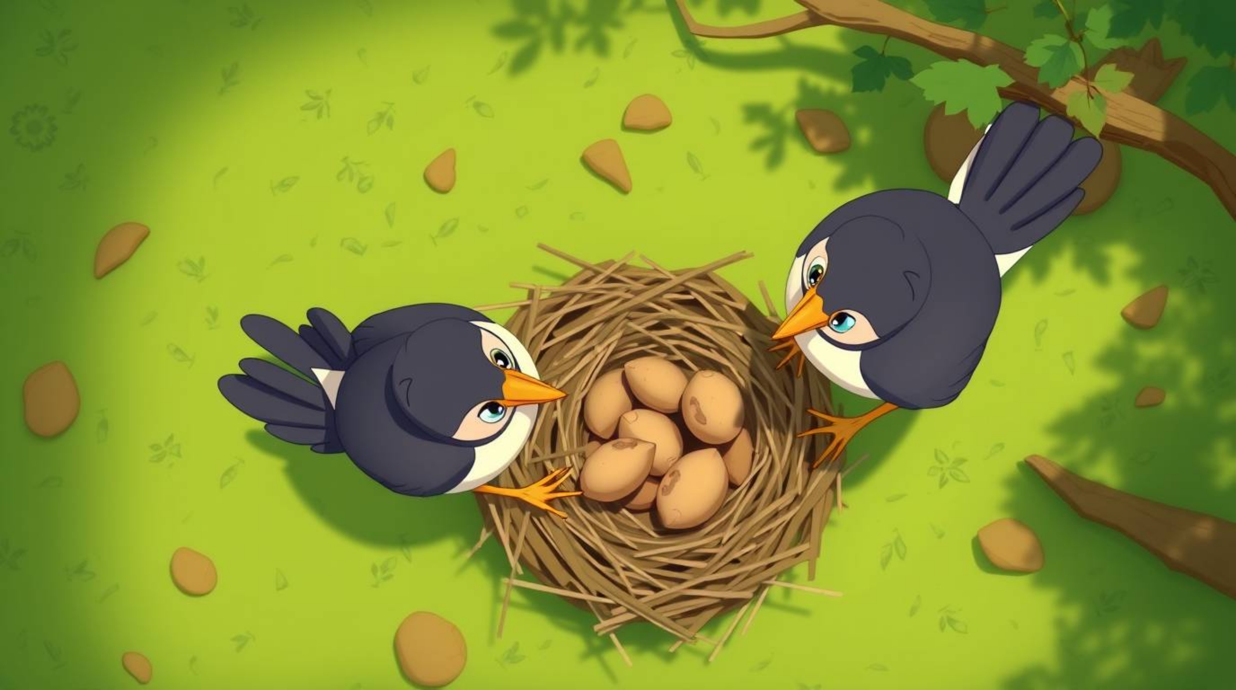 A charming animation depicting two cartoon birds meticulously constructing their nest from a unique overhead perspective.  Re