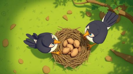 A charming animation depicting two cartoon birds meticulously constructing their nest from a unique overhead perspective. Re